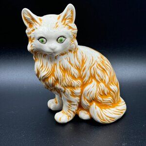 Vintage 70s Ceramic White Persian Cat Kitty Figurine Statue scary Green Eyes